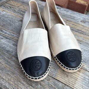 TORY BURCH COLOR BLOCK ESPADRILLE FLAT LEATHER DULCE DE LECHE/ BLK LOGO SIZE 11